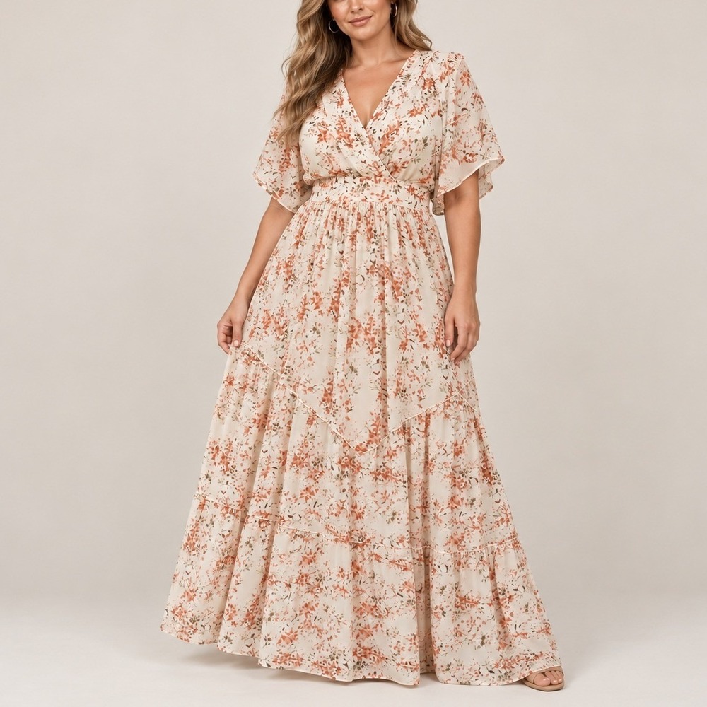 Baltic Born Katherine Maxi Dress 3XL Cream Rust Floral Tiered Boho Cottagecore